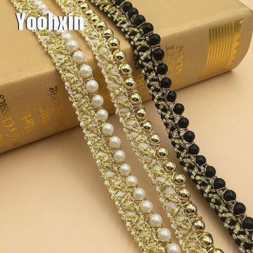 Fashion 3D pearl gold embroidery lace fabric applique ribbon trim collar sewing DIY guipure craft wedding Christmas decor