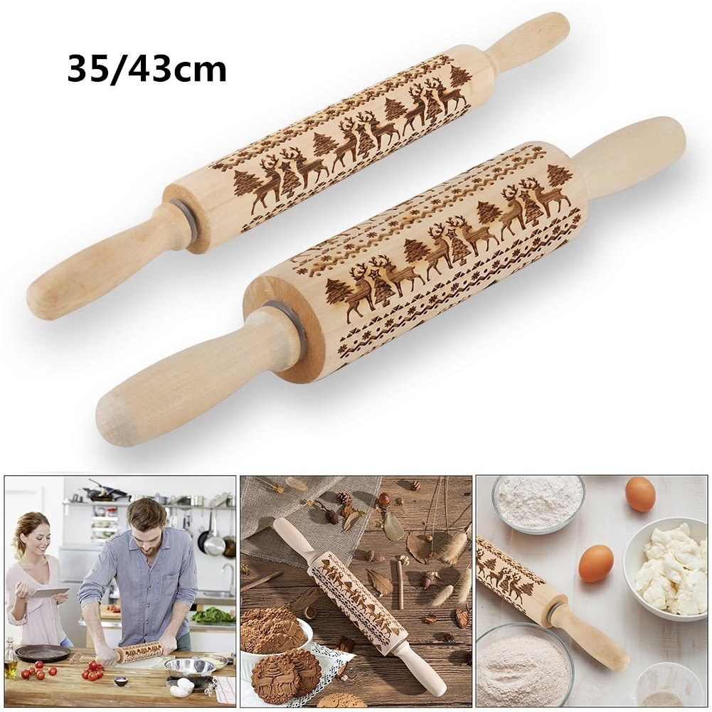 35/43cm Christmas Embossing Rolling Pin Wood Elk Engraved Gingerbread Cookies Biscuit Fondant Cake Roller Baking Pastry Tools