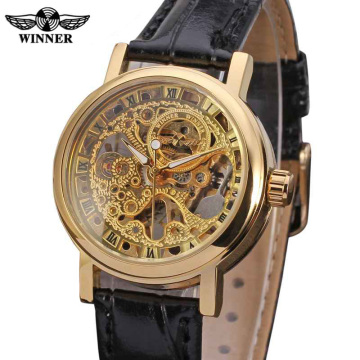 WINNER Top Brand Luxury Women Watch Leather Ladies Clock Hand Wind Mechanical Watches Classic Skeleton Female Clocks 0161