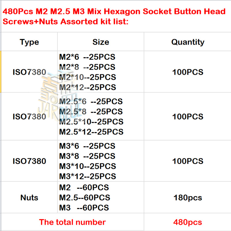 480Pcs ISO7380 M2 M2.5 M3 Alloy Steel 10.9 Level Black Hexagon Socket Button Head Screw Furniture Mushroom Cap Bolts Kit