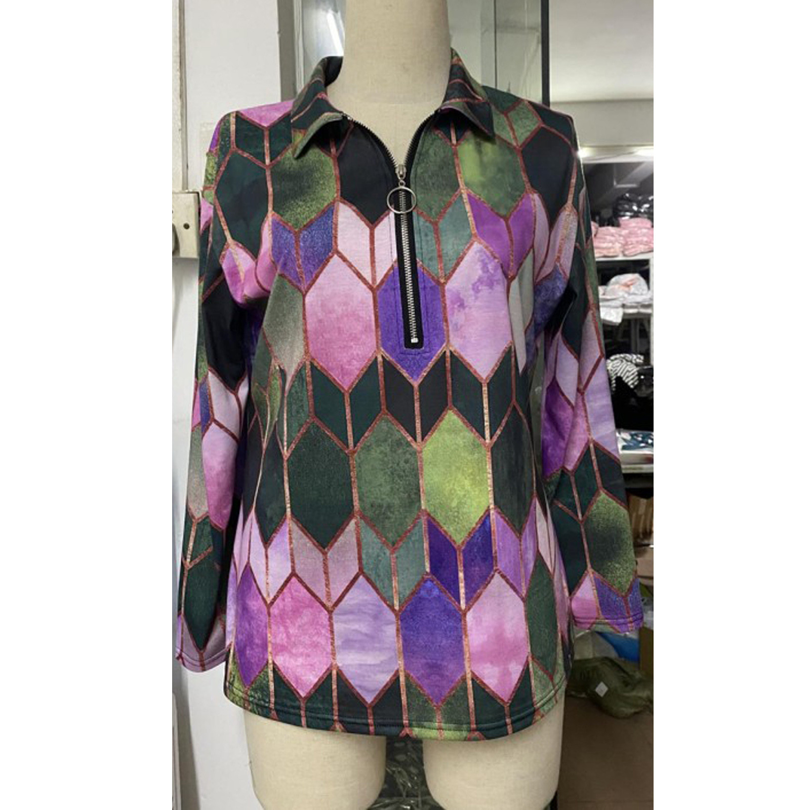 Fashion Geometric Print Blouse Shirt Loose Zipper Tops Tee Casual Autumn Winter Ladies Female Women Long Sleeve Blusas Pullover