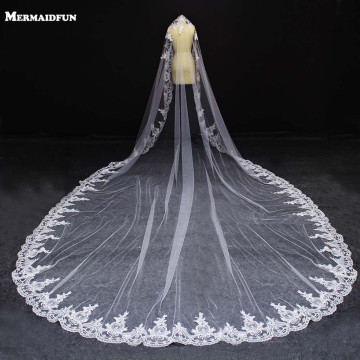 Real Photos Luxury Long 5 Meters Lace Edge One Layer Wedding Veil with Comb White Ivory Bridal Veil Voile Mariage