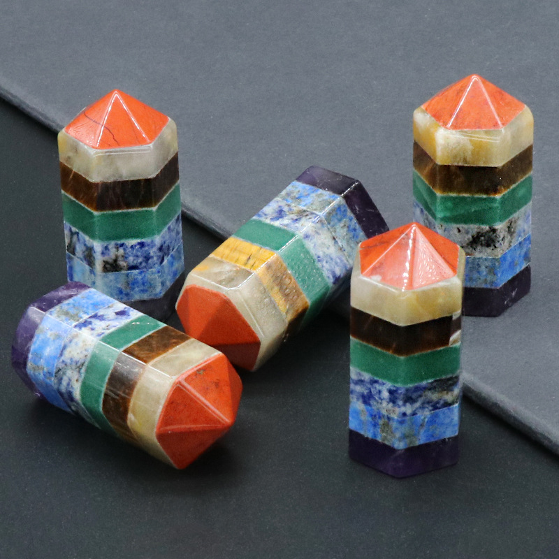 Gemstone 7 Chakra Pointed Hexagonal Column Natural Crystal Hexagon Charm Columns for DIY Jewelry Making