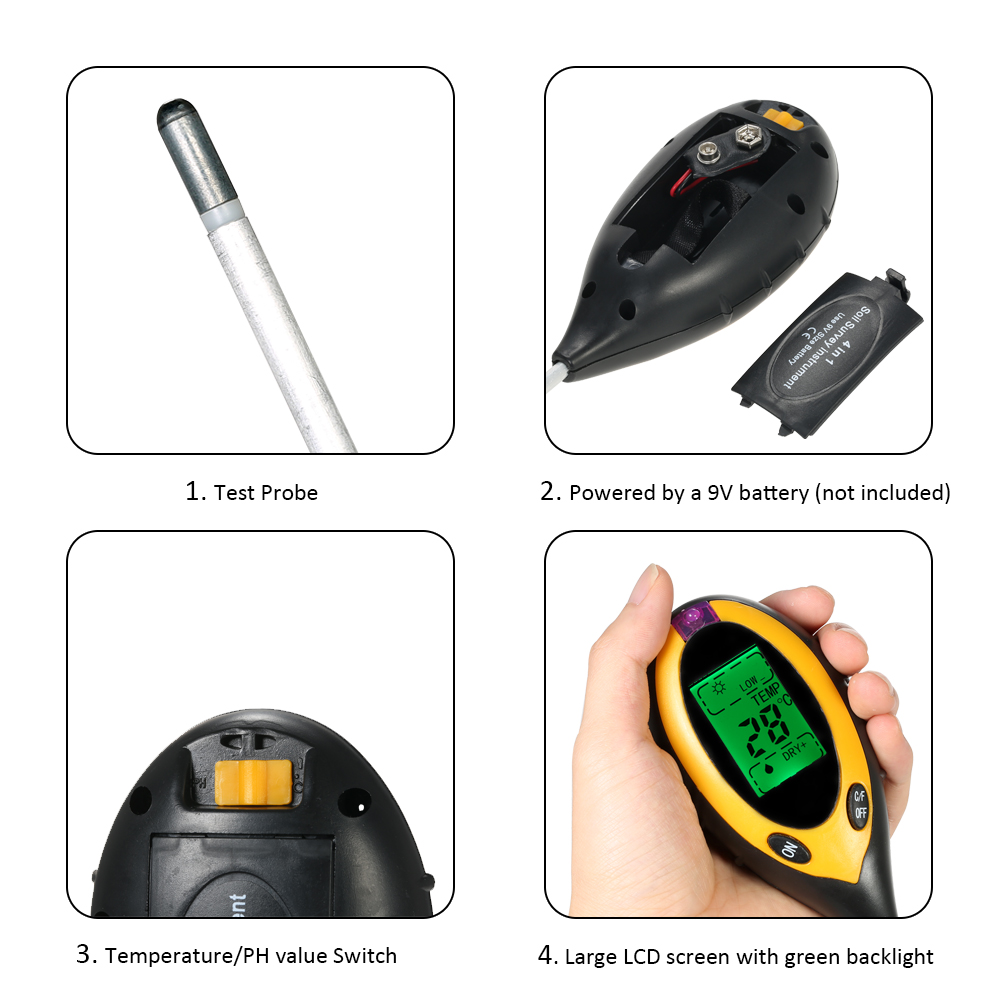 4 In1 Digital Soil Meter PH Moisture Soil Meters Detector Multitool Sunlight/Moisture/PH value/Temperature Instrument For Plants