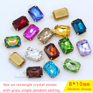 20p 8x10mm rectangle Color Faceted crystal rhinestone Framed glass Pendant Connector necklace Earring Findings 1-Loop brass bead