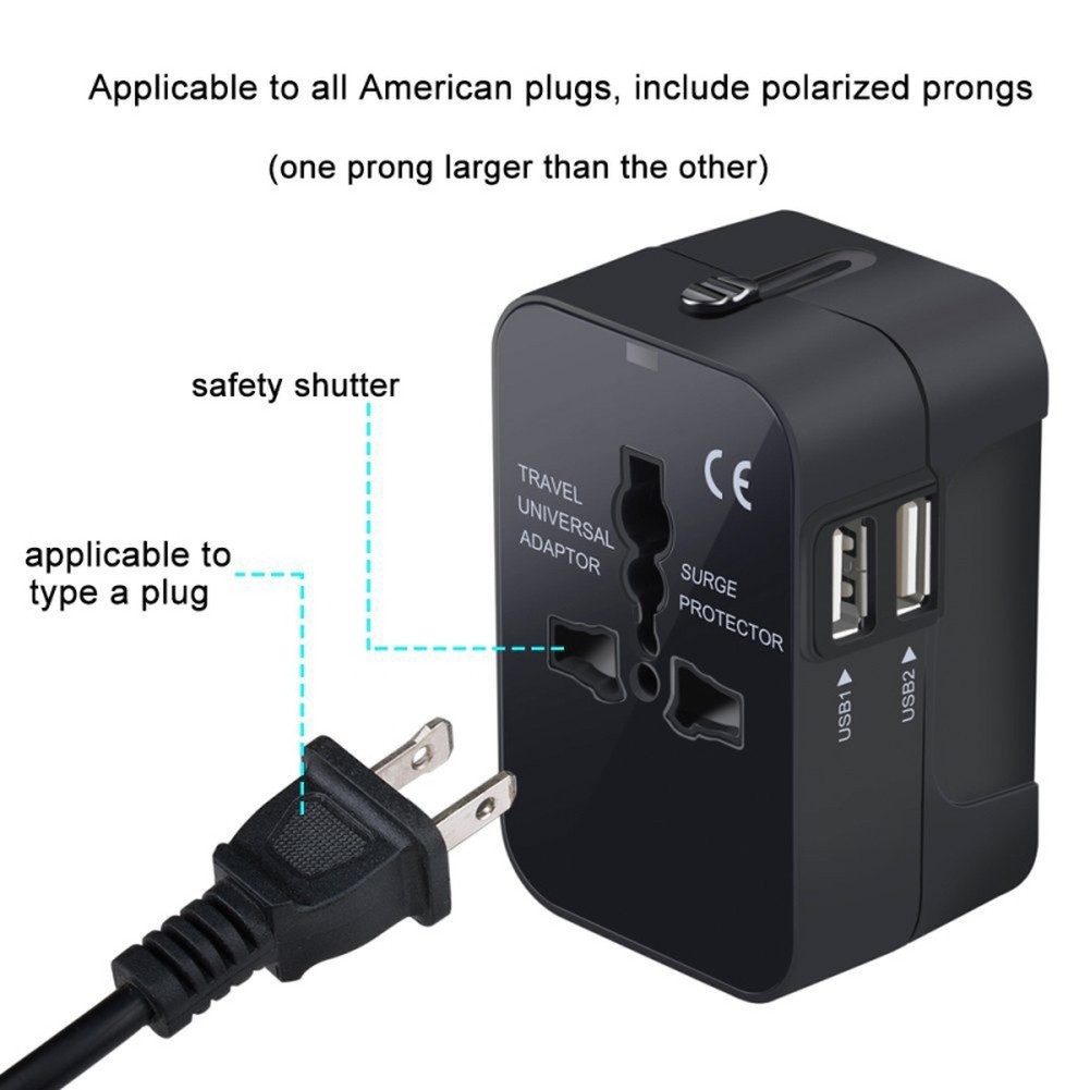 Universal Worldwide All in One Phone Charger Travel Wall AC Power Plug Adapter with Dual USB Charging Ports for USA EU UK AU