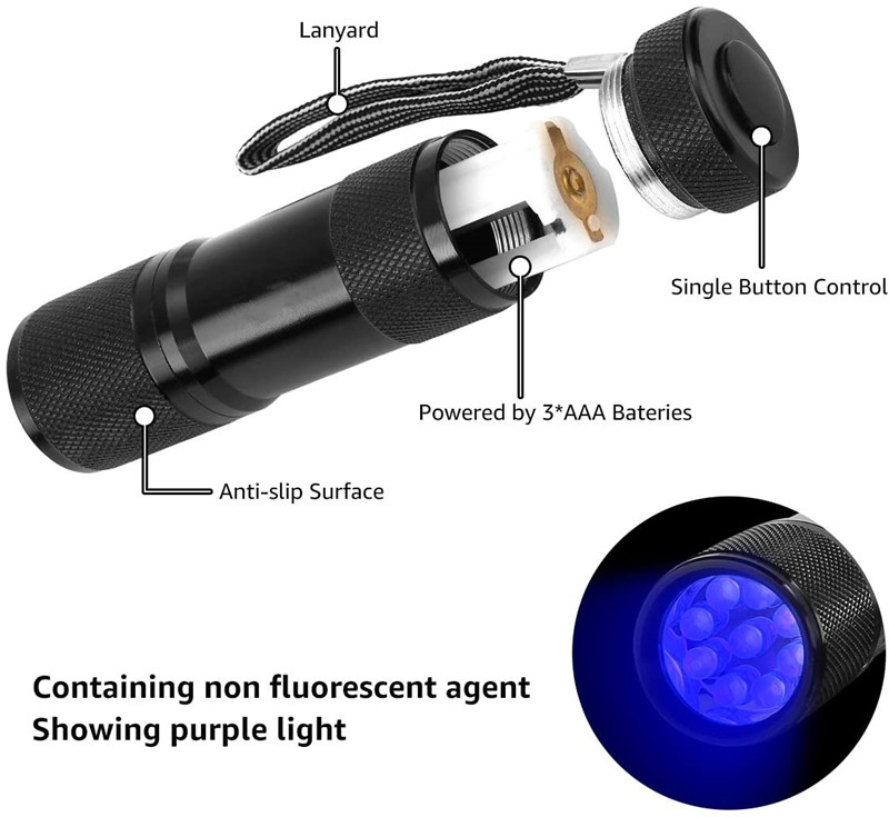UV Torch 9 LED 395nm Ultraviolet Ultra Violet LED Flashlight Ultra Violet Invisible Ink Marker Detection Light 3AAA UV Lamp