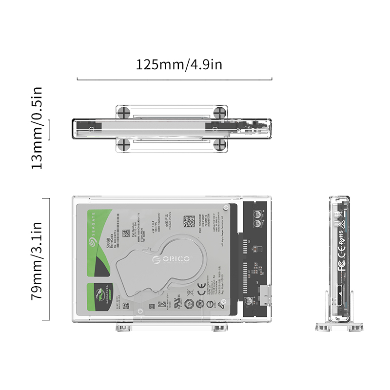 ORICO 2.5 inch Transparent Hard Drive Enclosure with Stand USB 3.0 Cable HDD Case USB C Hard Drive Case Support 10Gbps UASP 4TB