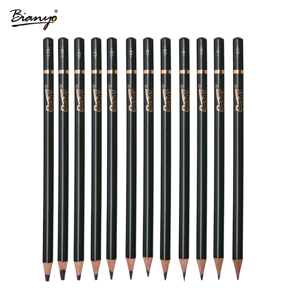 Bianyo 12 Pcs Sketch Pencils Different Hardness 2H-12B Drawing Pencil Set For School Student Standard Pencil Stationery Supplies