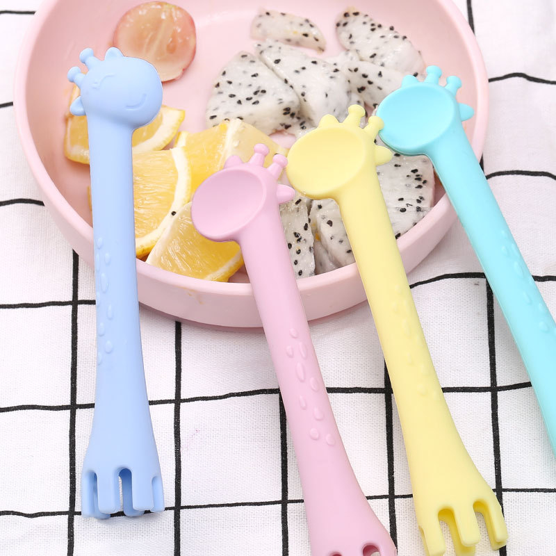 Four-Color Baby Food Supplement Cartoon Silicone Giraffe Fork Spoon Baby Care Baby Spoon Baby Training Spoon Feeding Spoon