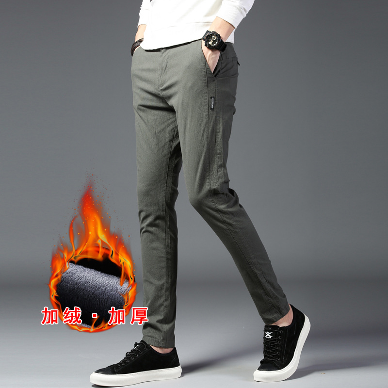 2019 New Mens Winter Thick Fleece Fluff Pants Men Korean Casual Slacks Slim Warm Pants for Men Black Green Grey Trousers Male