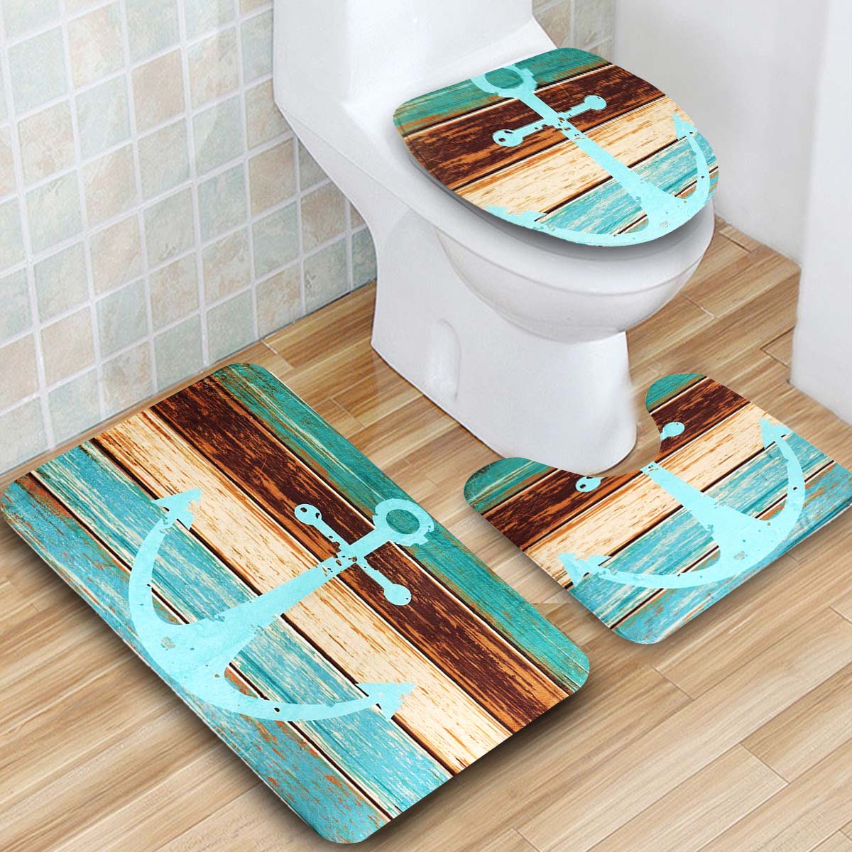 Bathroom Mat set Retro Old Style Anchor Non-Slip Carpet Toilet Seat Cover Shower 178*176cm Curtain Bath Mat Set Drop Ship