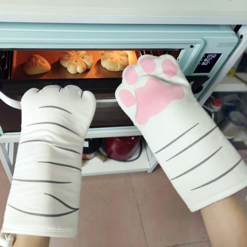 3D Cartoon Cat Paws Oven Mitten Long Cotton Baking Insulation Gloves Microwave Heat Resistant Non-slip Gloves