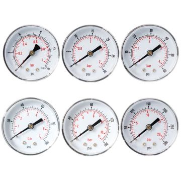 Axial Pressure Gauge 52mm Hydraulic Pressure Measurement Dial 1/8 BSPT Horizontal 0/15,30,60,100,160,300 PSI & Bar Back Mount