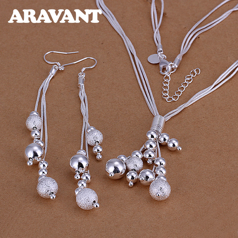 Silver 925 Jewelry Set Multi Layers Scrub Smooth Beads Necklace Drop Earrings For Women Fashion Wedding Jewelry