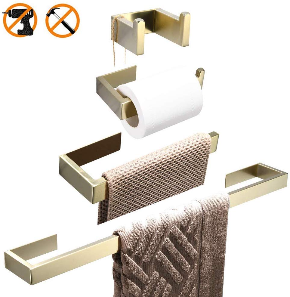 SUS304 Stainless Steel Adhesive Bathroom Accessories Set Brushed Gold Towel Bar Towel Hook Wall Towel Ring Toilet Paper Holder