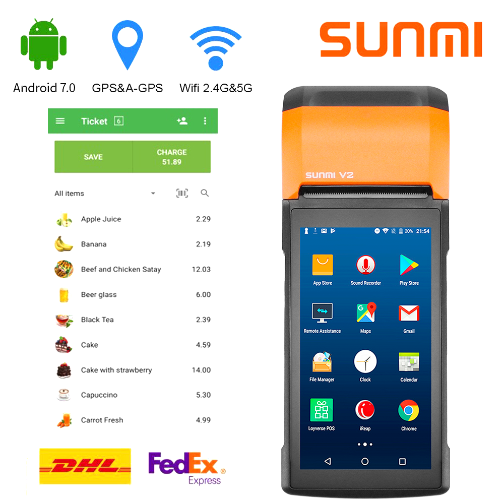 POS Terminal SUNMI V2 PDA Android Handheld restaurant shop cash registers wireless bill machine thermal printer mobile 4G WIFI