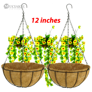 MUCIAKIE 4PCS 12'' Hanging Baskets Made of Iron Wire with Coconut Liners Black Chain Hooks for Hanging Bonsai Pot Flowers Plants