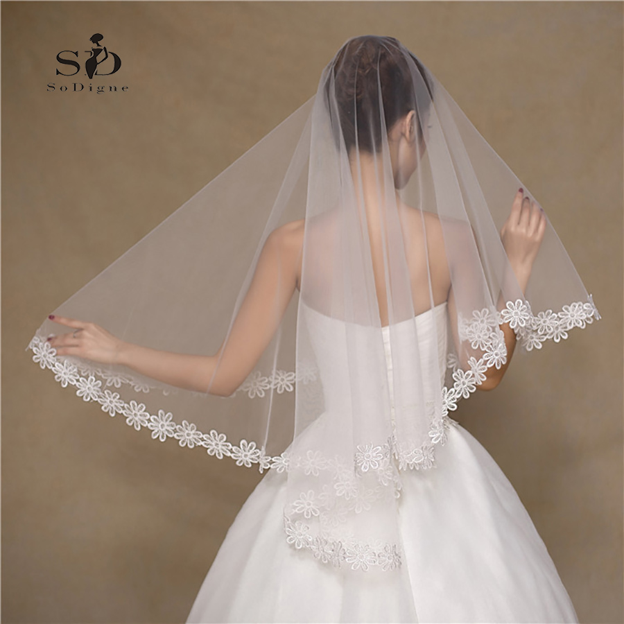 SoDigne Bridal Veils White Flowers Edge 1.5m Cheap Wedding Veil Blusher Veil Hot sale in Stock