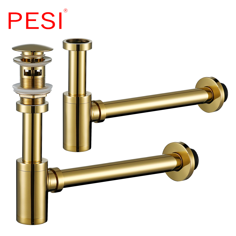 High Quality Brass Basin Wast Drain Wall Connection Plumbing P-traps Wash Pipe Bathroom Sink Trap Gold with Pop Up Drains.