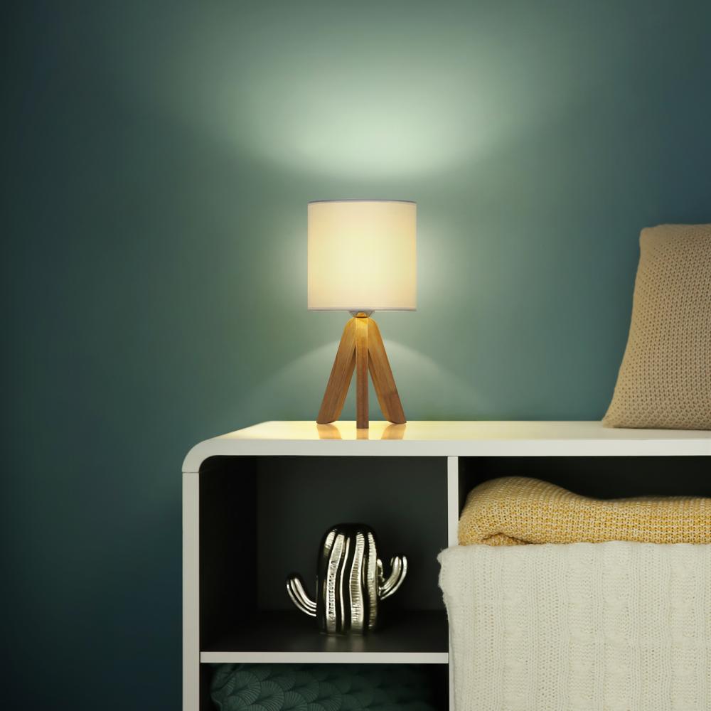 Small Wooden Tripod Nightstand Lamp with Fabric Lampshade