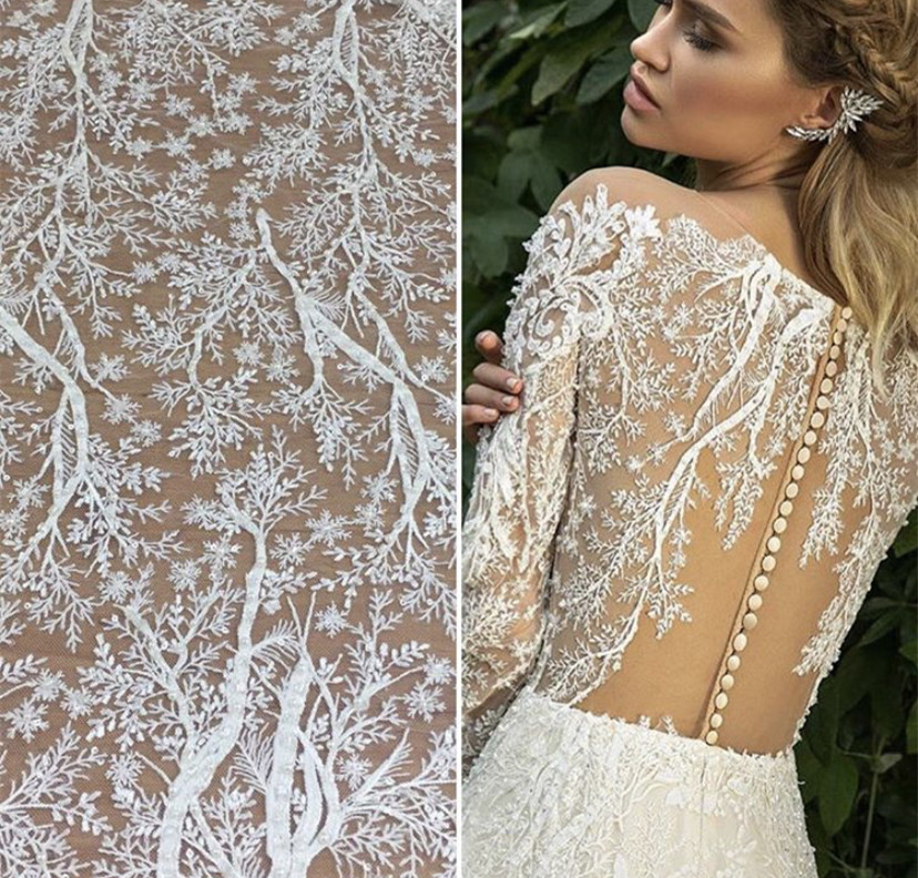 2019 latest Off white and Red luxury gorgeous sequins embroidery mesh wedding bride gown dress lace fabric vestido de novia