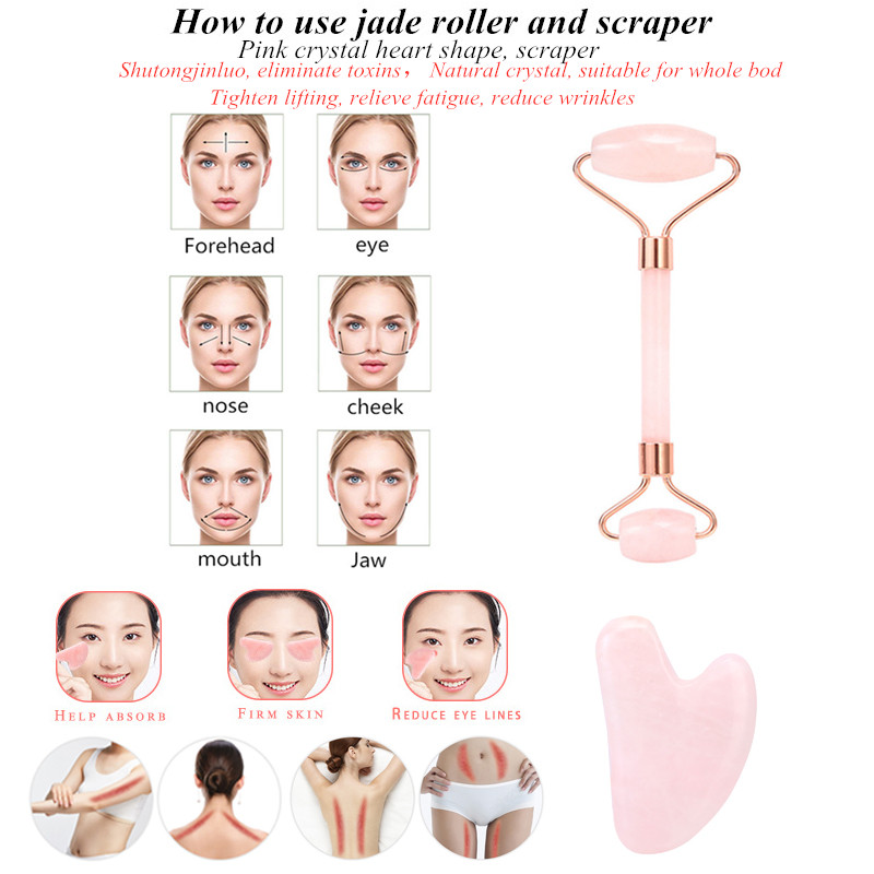 Facial Massage Rose Quartz Roller Powder Crystal Roller Jade Roller Scraper 0.3 Mm Skin Roller Three-piece Beauty Face-lift Tool