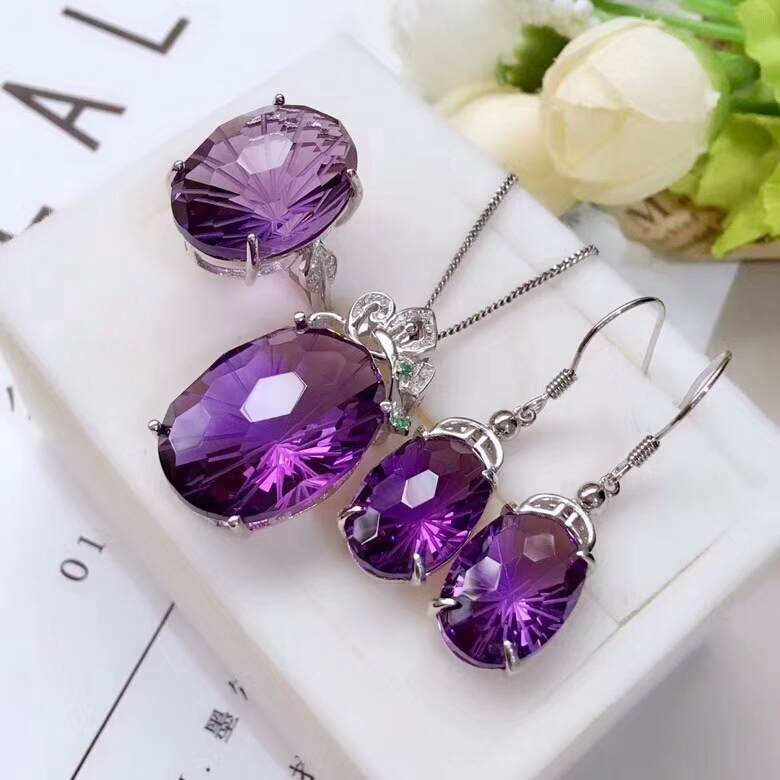 MeiBaPJ Natural High Quality Amethyst Gemstone Fine Wedding Jewelry Set 925 Pure Silver Necklace Ring Earrings Suit for Women