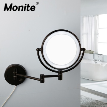 Monite Matte Black Makeup Mirror LED Wall Mounted Extend Folding 2 Faces LED Light Mirror 3x Magnification Bath Toilet Mirror