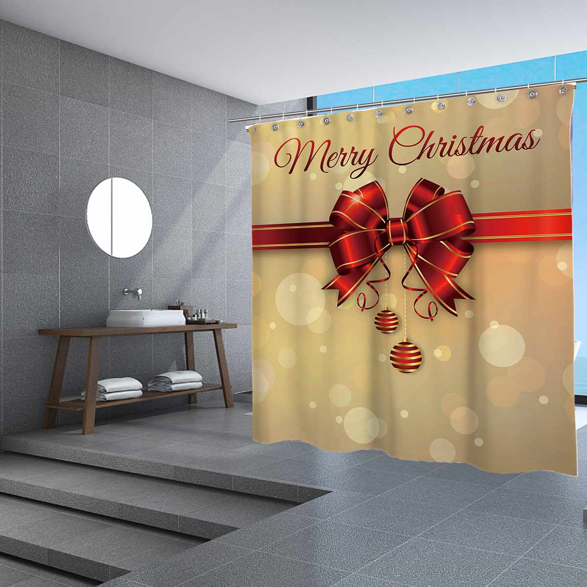 Merry Christmas Bathroom Set Christmas Bells Pattern Waterproof Shower Curtain Toilet Cover Non-Slip Carpet New Year Decoration