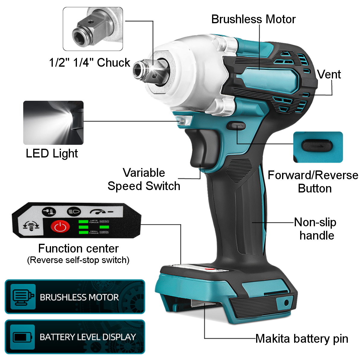 2 In1 18V 800N.m. Li-Ion Brushless Cordless 1/4'' Electric Screwdriver 1/2''Electric Wrench Combine Fit For Makita 300Battery