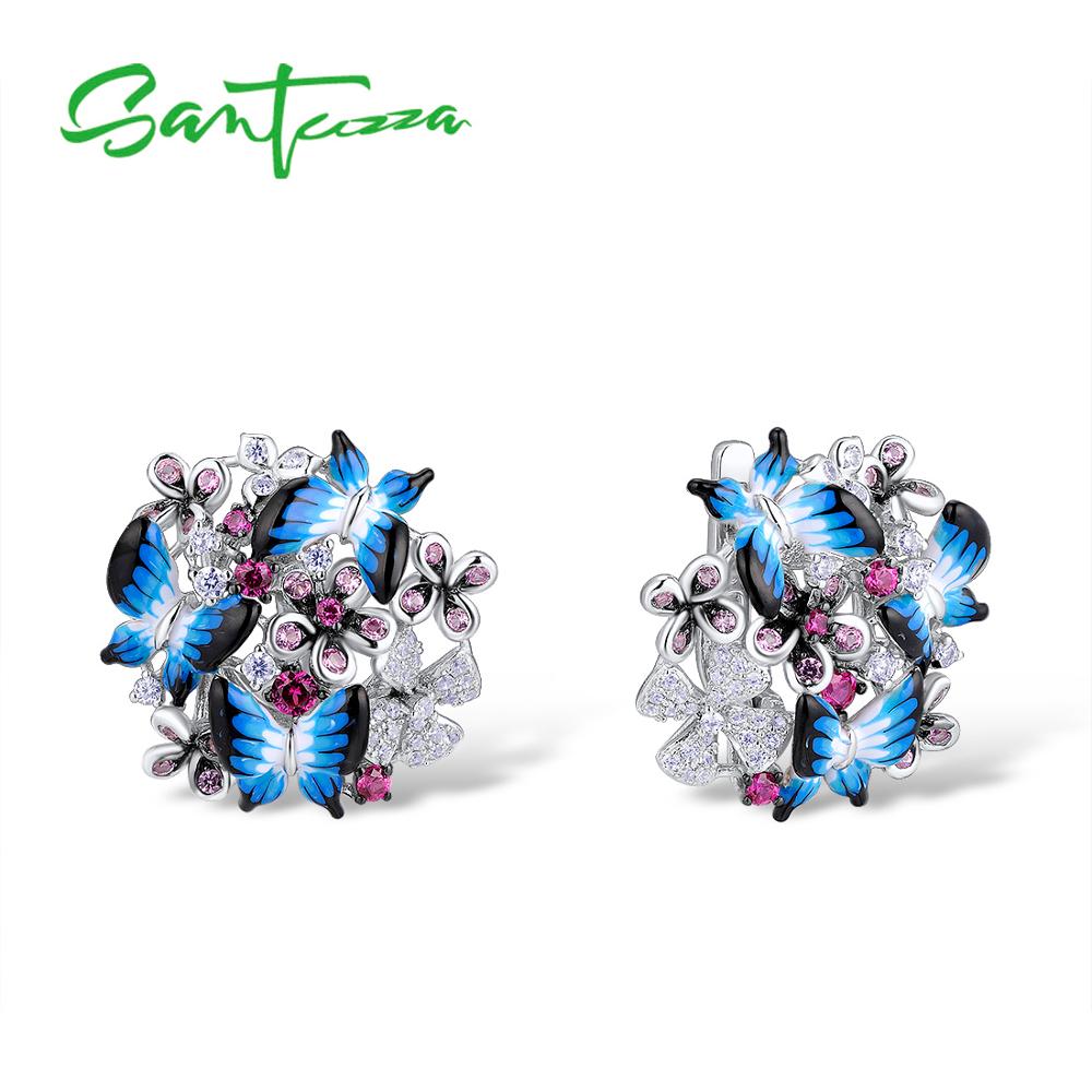 SANTUZZA Jewelry Set For Woman 925 Sterling Silver HANDMADE Colorful Enamel Blue Butterfly CZ Ring Earrings Set Fashion Jewelry
