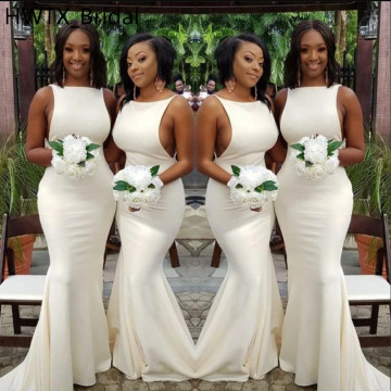 Sexy Mermaid Bridesmaid Dresses 2020 Sleeveless Scoop White Satin Long African Black Girls Wedding Party Dress Women Formal Gown