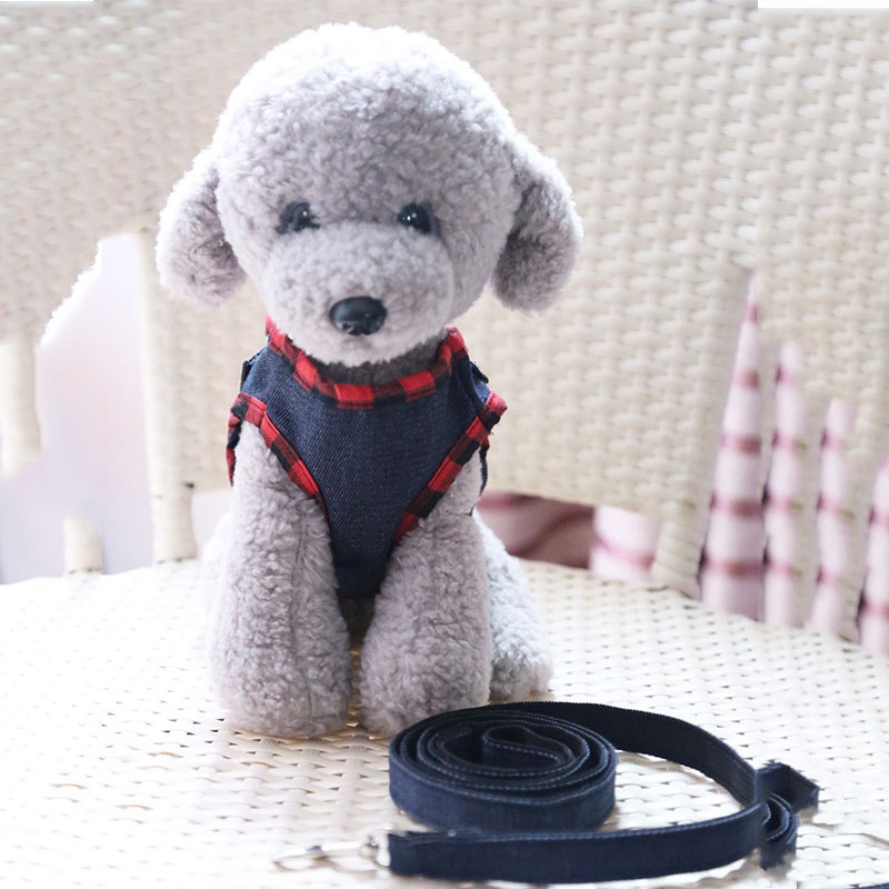 AHUAPET Pug Harness Leash Chest Strap Lead Denim Vest Pet Chest Strap Pet Supplies Dog Harness Chihuahua Dog Cheap Leash Set