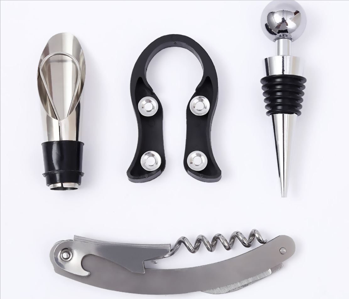 4 in 1 Wine Opener Set with Wooden Swing Stand Stainless Steel Seahorse Knife Accessories