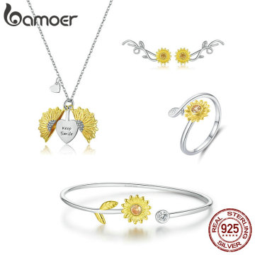 bamoer Gold Color Sunflower Necklace and Bangle Studs Earrings Rings Jewelry Sets for Women Wedding Statement Jewelry ZHS200