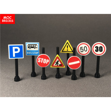 10pcs/lot Road Sign with Clip-on stop Bus station Thoroughfare Construction worker Building Blocks Figure DIY Toys kids gifts