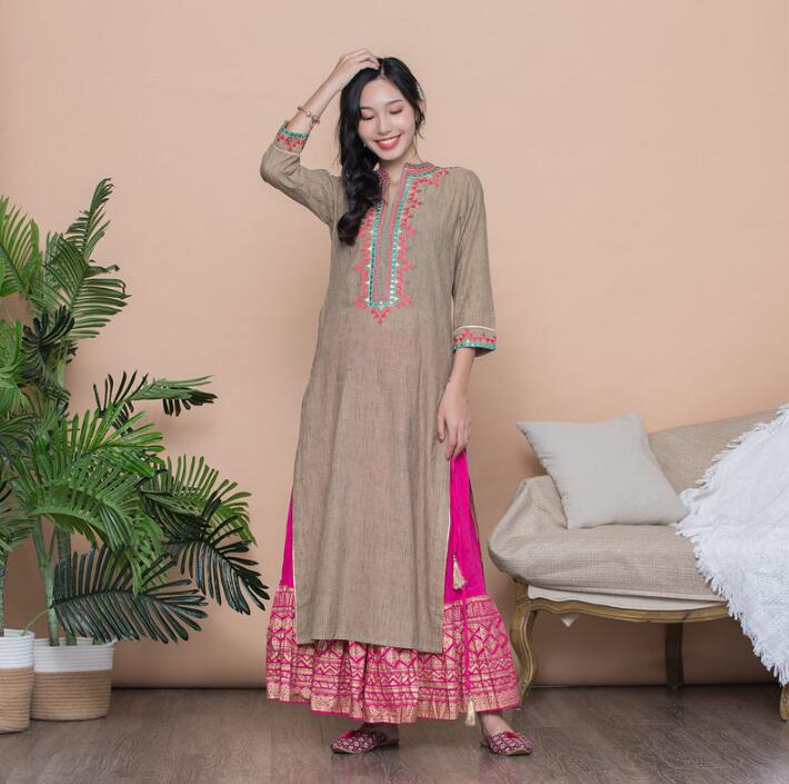 Woman Fashion Ethnic Kurtas Styles Print Jacket Cotton India Dress Costume Lady Long Coffee Top