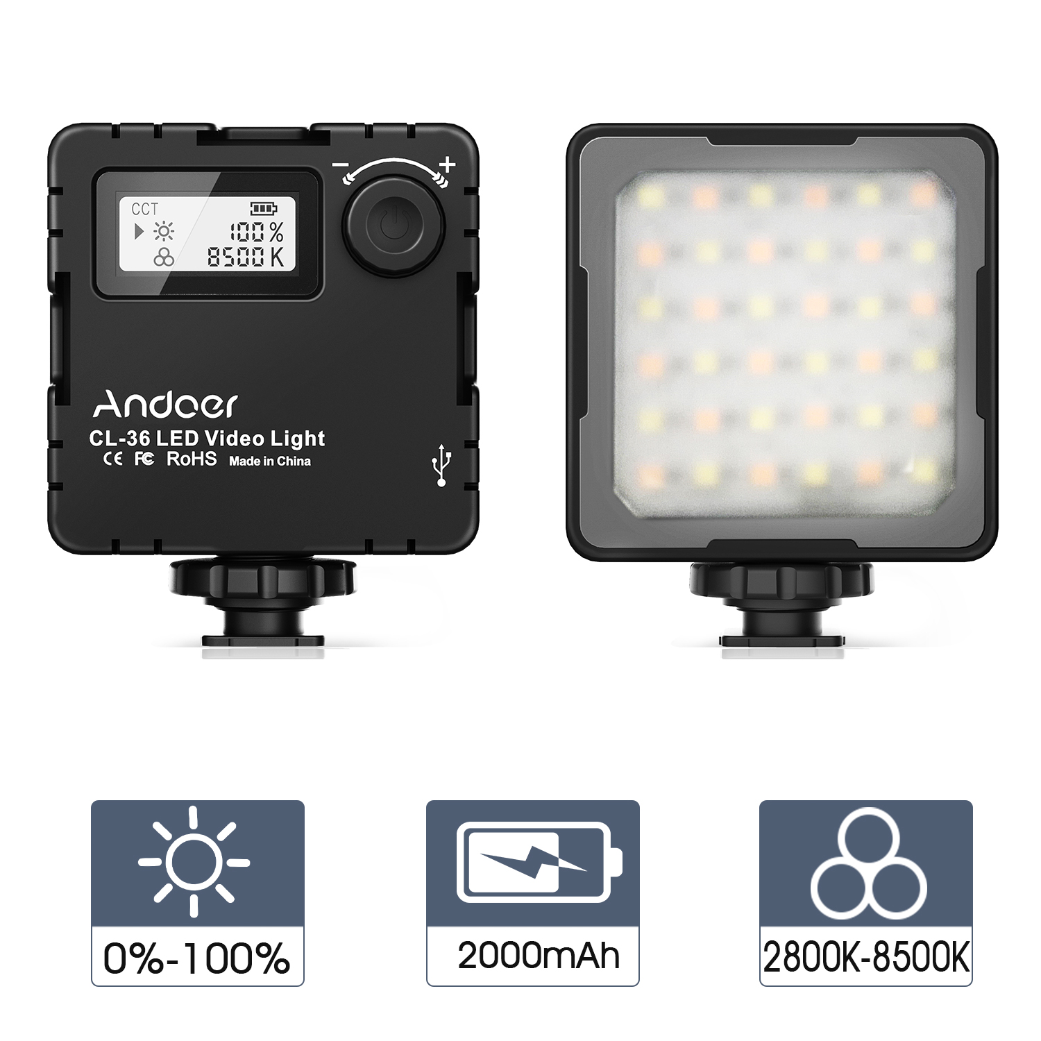 Andoer CL-36 Mini Bi-color LED Video Light 2800K-8500K Dimmable w 3 Cold Shoe Mounts LCD Display Vlog Fill Light for DSLR Camera