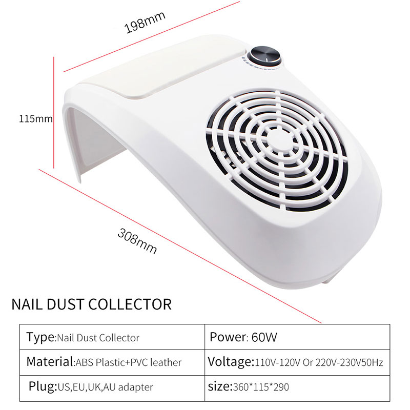 60W Power Nail Dust Collector Vacuum Cleaner Strong Fan With 2 Dust Bag For Professional Manicure Machine For Nail Salon Use