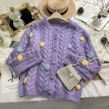 Gentle Knitting Cardgian Women Autumn Korean Taro Purple Small Fresh Sweet Handmade Knitted Froal Overcoat Girl Sweater Jacket