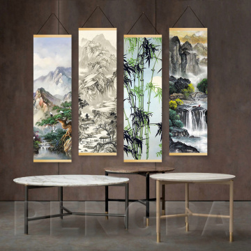 Printed Poster Nordic Canvas Wood Scroll Painting Chinese Landscape Painting with Ink Water Art for Gift Home Wall Hanging Decor