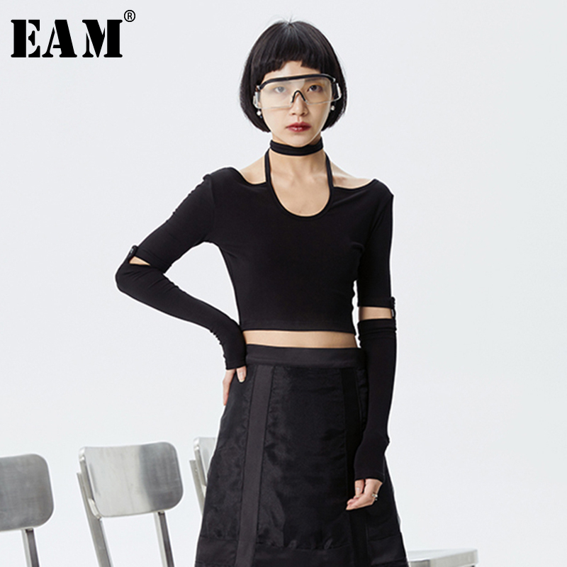 [EAM] Women Black Split Brief Temperament Short T-shirt New Halter Long Sleeve Fashion Tide Spring Summer 2021 1S977