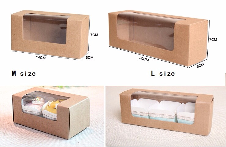50pcs Kraft paper Cupcake box plastic window,rectangle cardboard box for Macaron with window,Macaron packaging paper craft box