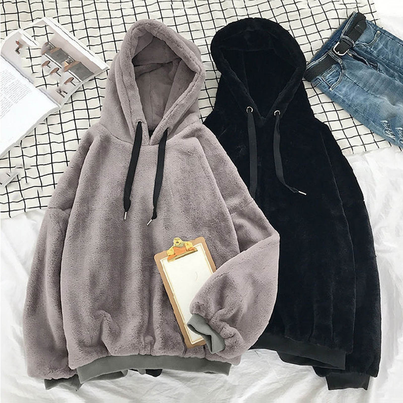 Oversize Hoodie Sweatshirt Top Women Long Sleeve Pullovers Solid Autumn Winter Teddy Plush Warm Ladies Clothing Fashion#g30