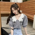Korobov Summer New Sweet Plaid Blouses Vintage Peter Pan Collar Flower Embroidery Shirts Puff Short Sleeve Korean Blusas Mujer