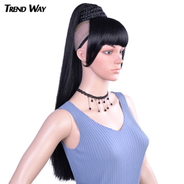 Long Straight YaKi Synthetic Hair Ponytail And Bangs Chignon Splittable Two Sets Hair Clip In Hair Extensions For Women Black