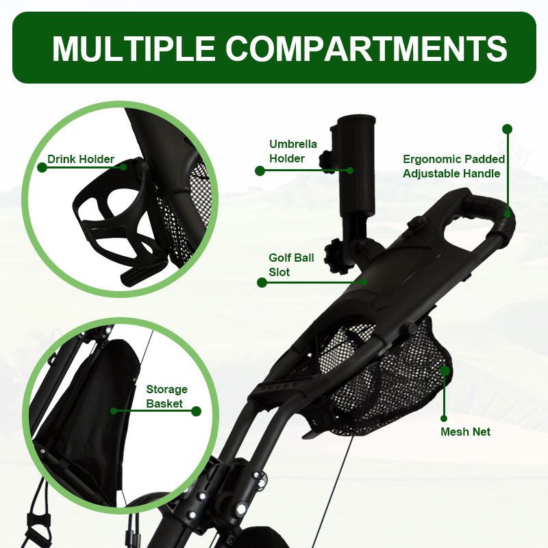 Newly Popular Lightweight Aluminum Alloy 3-Wheel Golf Push Trolley Folding Design Multi-color Elastic Strap Umbrella Cup Holder2