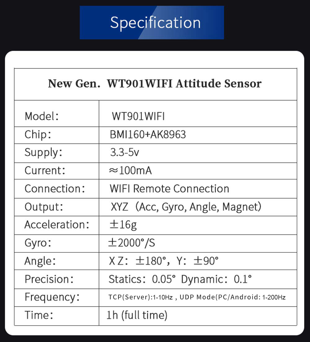 WitMotion WT901WiFi Wireless 9 Axis WiFi Sensor Angle Inclinometer + Accelerometer + Gyro + Magnetic Field on PC/Android/Server