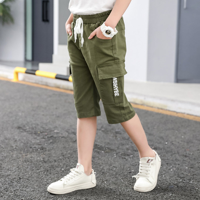 Kids Boys Shorts Children 2020 Summer Teenagers Boys Elastic Waist Cargo Shorts Khaki Beige Army Green Color Child Short Pants